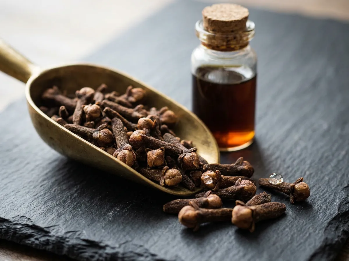 Dried clove buds heaped beside a glass flask of dark crude clove oil
